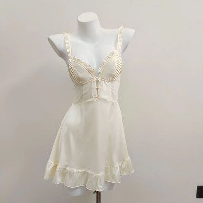 with Chest Pads Nightdress Sexy Pajamas Women's Silk Nightgowns Hollow Pure Backless Suspender Nightwears for Ladies Lingerie