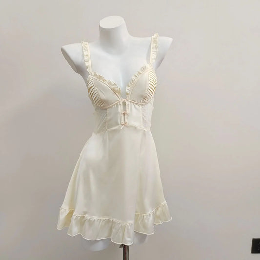 with Chest Pads Nightdress Sexy Pajamas Women's Silk Nightgowns Hollow Pure Backless Suspender Nightwears for Ladies Lingerie