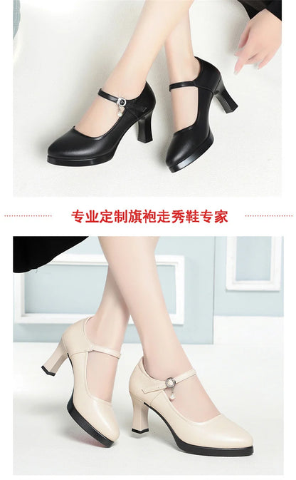 High Heels Comfort Platform Pumps 2024 Spring New Fashion Buckle Solid Black Shoes Woman Soft Leather Waterproof Single Shoes