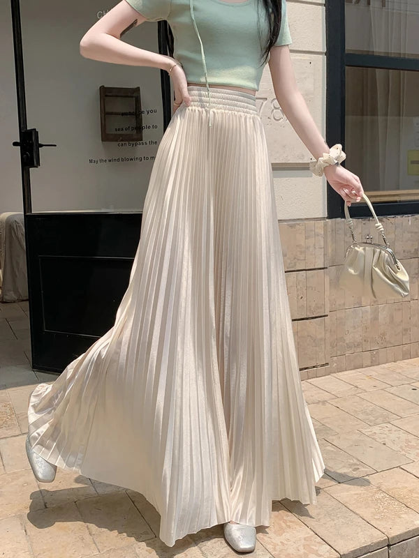 98cm Basics Maxi Pleated Skirt for Women New Korean Casual All-match Solid A Line High Waist Long Maxi Skirt Female