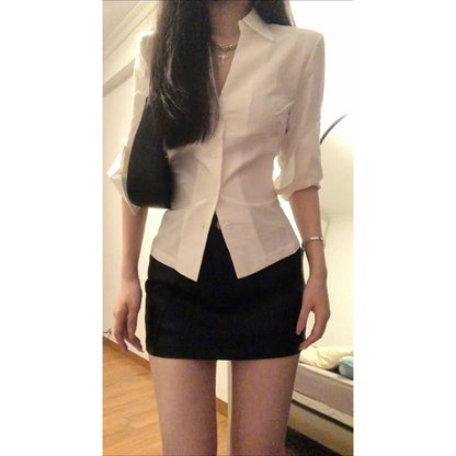 Preppy Shirt Women Sexy Summer Slim Waist Solid Sun Protection Thin Korean Style Office Lady Single Breasted Long Sleeve Formal