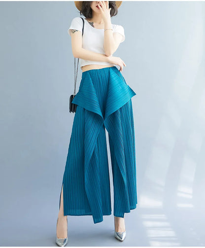 Miyake 2025 New Pleated Pants Irregular Wide-legged Pants Simple Loose Large Size with Elastic Formal Occasions Commuter Women's