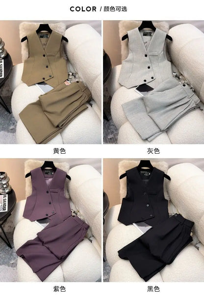 Simple Sleeveless Suit Vest Casual Wide Leg Pants Two-piece Set for Women 2025 New Elegant Suit Set