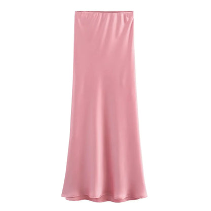 2024 Spring Summer New Women's High-Waisted Skirt European Style Silk-Satin Feeling Long Dress Solid Color Simple Design