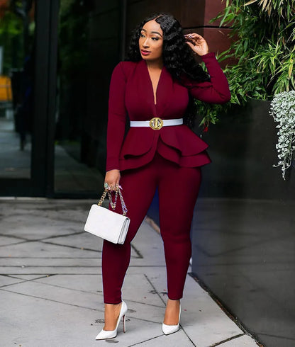 2025 Women's Formal Set 2PCS Tracksuit Full Sleeve Ruffles Blazers Pencil Pants Suit Two Piece Set Office Lady Outfits Uniform