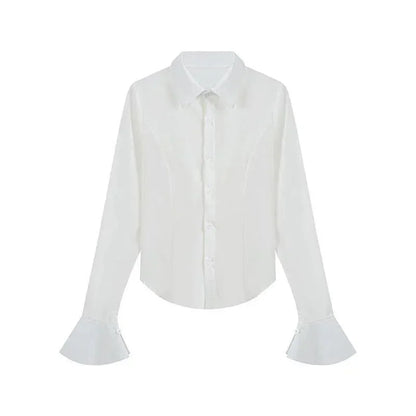 Sexy Slim Flared Sleeve Women's Shirt Solid Lapel Single-breasted Back Bandage Tunic Female Blouses Spring Trend New Lady