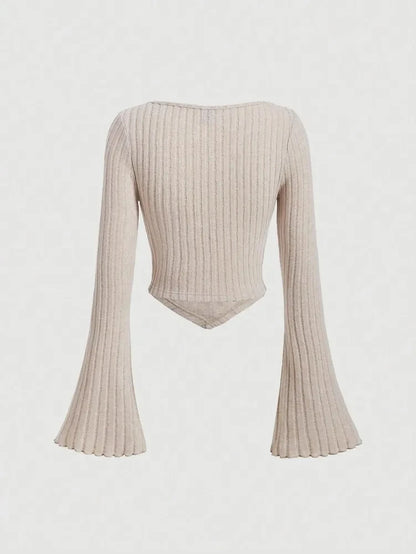 Elegant Y2K Flare Sleeve Sweetheart Neck Rib-knit Crop Top Spring Fall 2024 Casual Drawstring Long Sleeve T Shirt Blouse