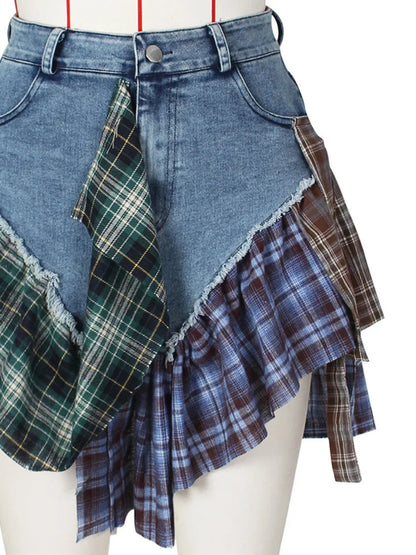 DEAT Fashion Women's Denim Skirt High Waist Irregular Lattice Patchwork Slight Strech Mini Skirts Summer 2024 New Tide 17A9506