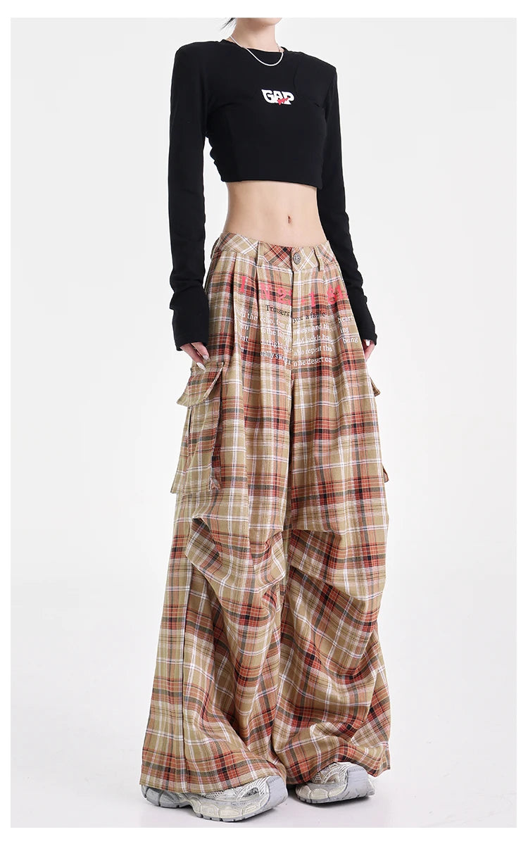 Summer Women Harajuku Fashion Plaid Pants Vintage Y2k Japanese Streetwear 2000s Baggy Pantalones Loose Casual Long Trousers Kpop