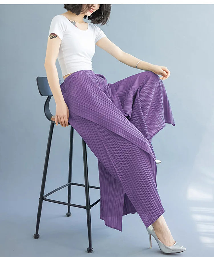 Miyake 2025 New Pleated Pants Irregular Wide-legged Pants Simple Loose Large Size with Elastic Formal Occasions Commuter Women's