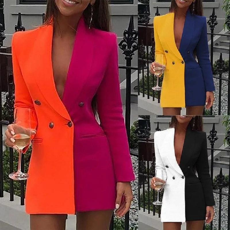 Women Blazer Elegant Office Lady Suit Thin Spring V-neck Female Long Sleeve New Patchwork Slim OL Double Breasted Dress Coat