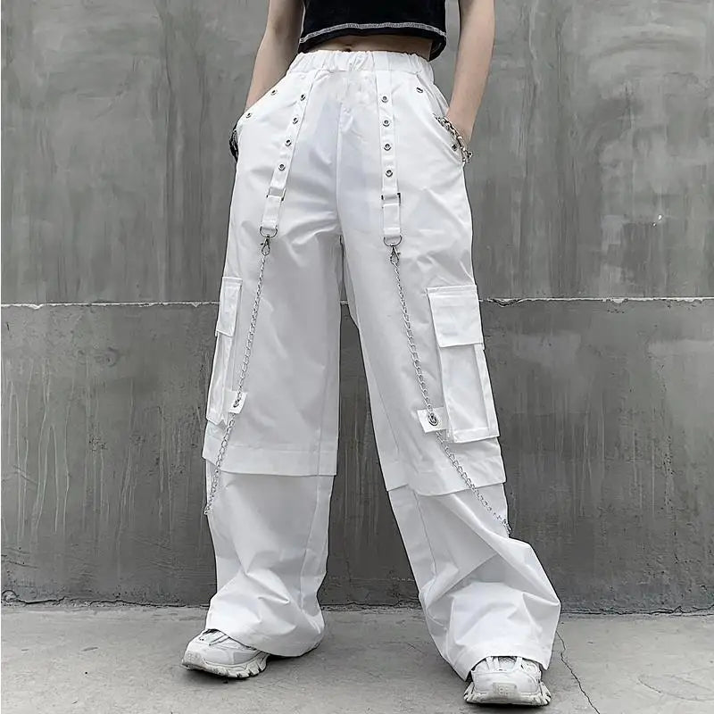 Women Trendy Vintage Casual Streetwear Pocket Cargo Pants Y2K Female High Waist White Hip Hop Loose Trousers Straight Pantalones