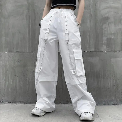 Women Trendy Vintage Casual Streetwear Pocket Cargo Pants Y2K Female High Waist White Hip Hop Loose Trousers Straight Pantalones