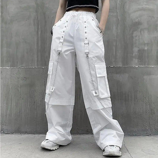 Women Trendy Vintage Casual Streetwear Pocket Cargo Pants Y2K Female High Waist White Hip Hop Loose Trousers Straight Pantalones