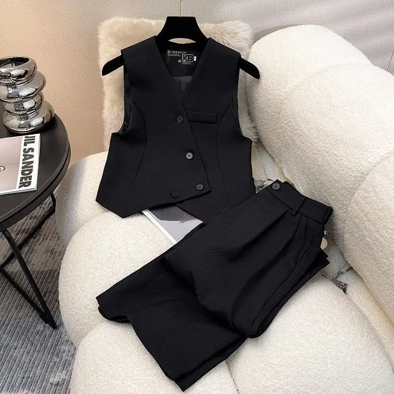 Simple Sleeveless Suit Vest Casual Wide Leg Pants Two-piece Set for Women 2025 New Elegant Suit Set