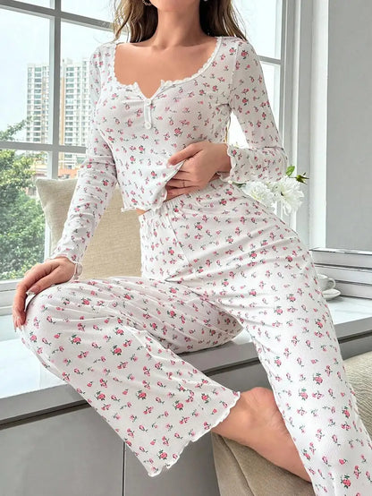 New Women Soft Comfortable sexy Floral Print Pajama Set Long Sleeve Top and Pants Loungewear Sleepwear Two Piece Set Homewear