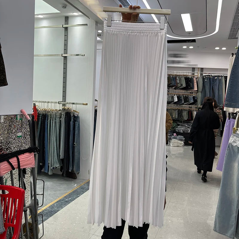 98cm Basics Maxi Pleated Skirt for Women New Korean Casual All-match Solid A Line High Waist Long Maxi Skirt Female
