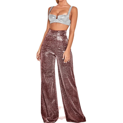 Metallic Sparkly Wide Leg Pants Women Elastic High Waist Glitter Sequin Palazzo Pants Casual Loose Party Clubwear Long Trousers