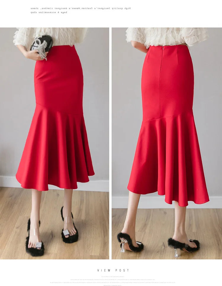 Seoulish Ruffles Solid Color Women's Skirts 2024 New Spring Summer Elegant High Waist Office Ladies Style Pencil Midi Skirts