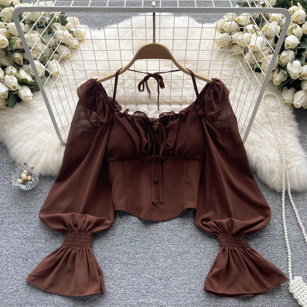 French Chic Halter Blouses Femininas Bow Flare Sleeve Short Tops Dames HighStreet Blusa Mujer Casual Shirts Clothes Dropshipping