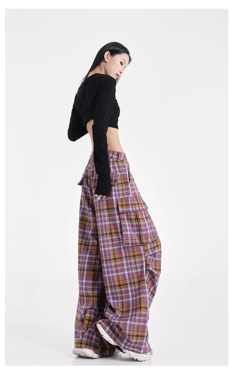 Summer Women Harajuku Fashion Plaid Pants Vintage Y2k Japanese Streetwear 2000s Baggy Pantalones Loose Casual Long Trousers Kpop