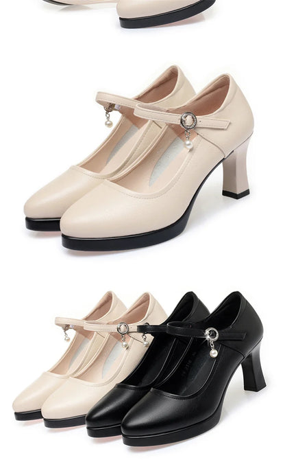 High Heels Comfort Platform Pumps 2024 Spring New Fashion Buckle Solid Black Shoes Woman Soft Leather Waterproof Single Shoes