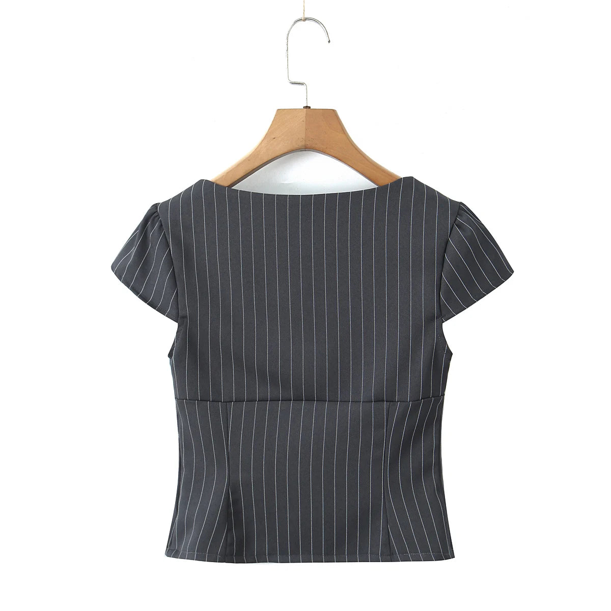 2025 Sexy Striped Square Collar Short Puff Sleeve Shirt Women Front Ruched Chest Double Zip up Front Slim Waist Crop Tops