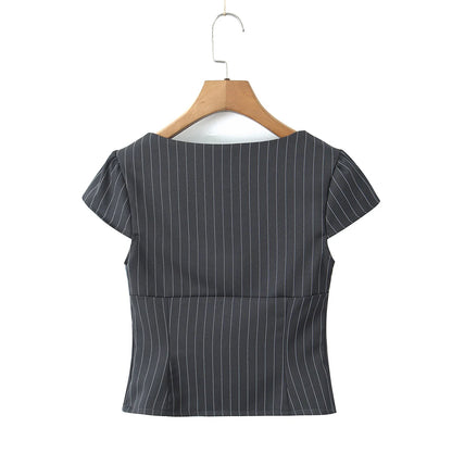 2025 Sexy Striped Square Collar Short Puff Sleeve Shirt Women Front Ruched Chest Double Zip up Front Slim Waist Crop Tops