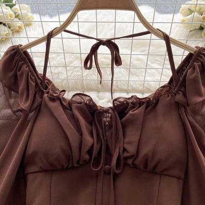 French Chic Halter Blouses Femininas Bow Flare Sleeve Short Tops Dames HighStreet Blusa Mujer Casual Shirts Clothes Dropshipping