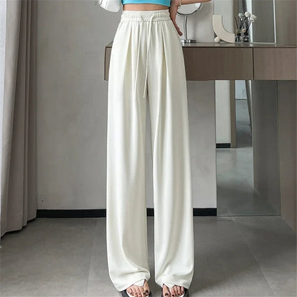 2024 New Summer Women's Casual Pants High Waist Solid Minimalism Loose Floor Length Wide Leg Trousers Female