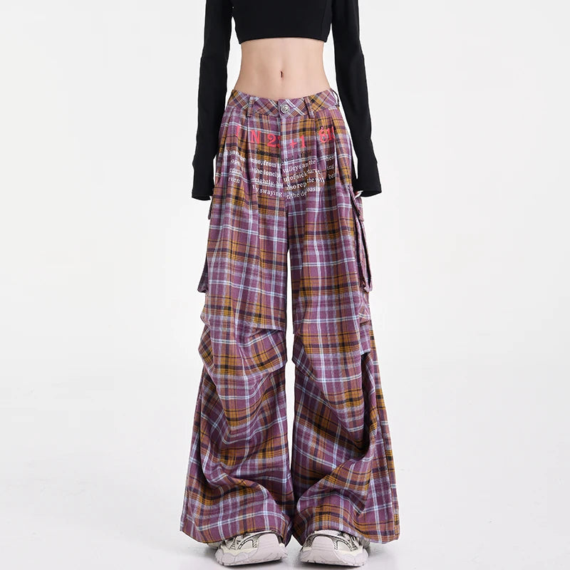 Summer Women Harajuku Fashion Plaid Pants Vintage Y2k Japanese Streetwear 2000s Baggy Pantalones Loose Casual Long Trousers Kpop