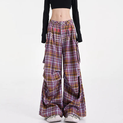Summer Women Harajuku Fashion Plaid Pants Vintage Y2k Japanese Streetwear 2000s Baggy Pantalones Loose Casual Long Trousers Kpop