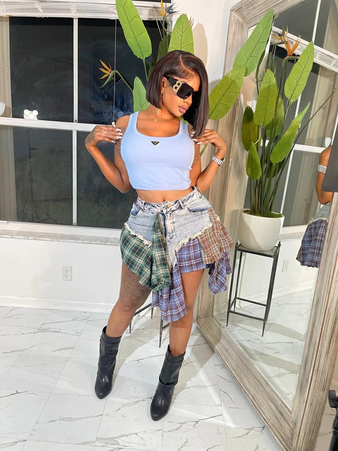 DEAT Fashion Women's Denim Skirt High Waist Irregular Lattice Patchwork Slight Strech Mini Skirts Summer 2024 New Tide 17A9506