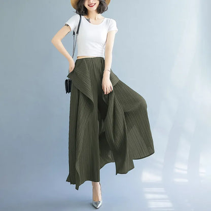 Miyake 2025 New Pleated Pants Irregular Wide-legged Pants Simple Loose Large Size with Elastic Formal Occasions Commuter Women's