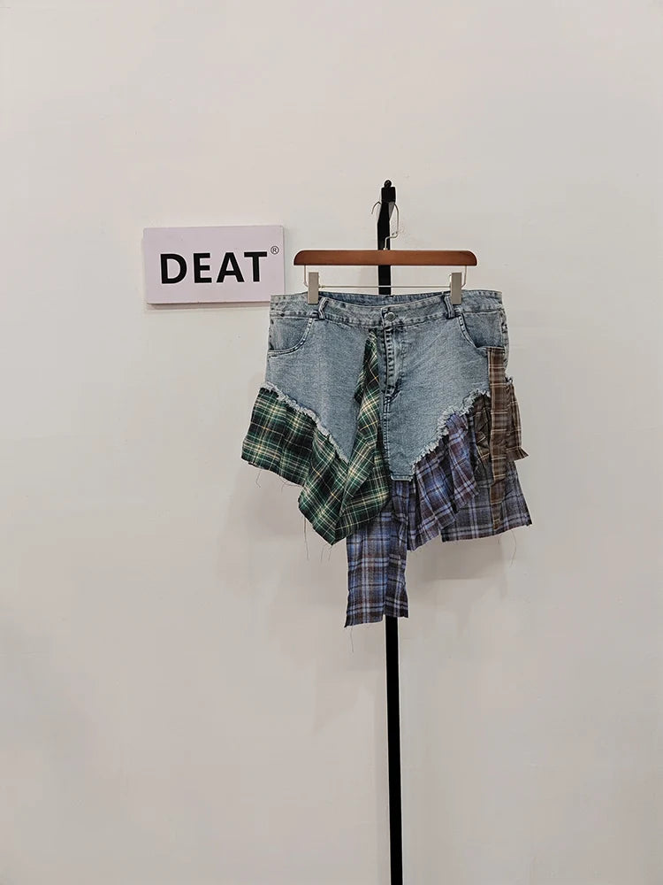 DEAT Fashion Women's Denim Skirt High Waist Irregular Lattice Patchwork Slight Strech Mini Skirts Summer 2024 New Tide 17A9506