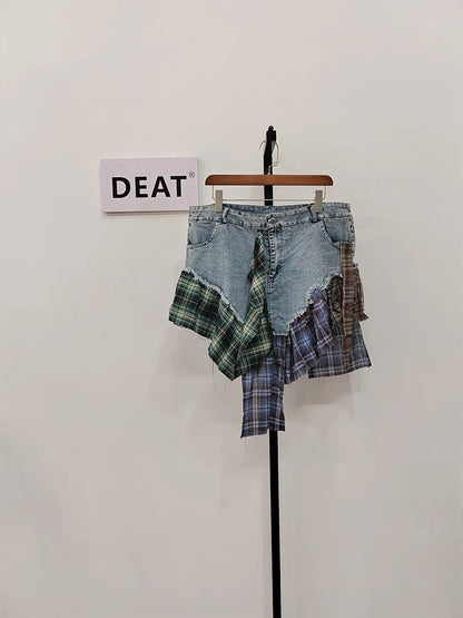 DEAT Fashion Women's Denim Skirt High Waist Irregular Lattice Patchwork Slight Strech Mini Skirts Summer 2024 New Tide 17A9506