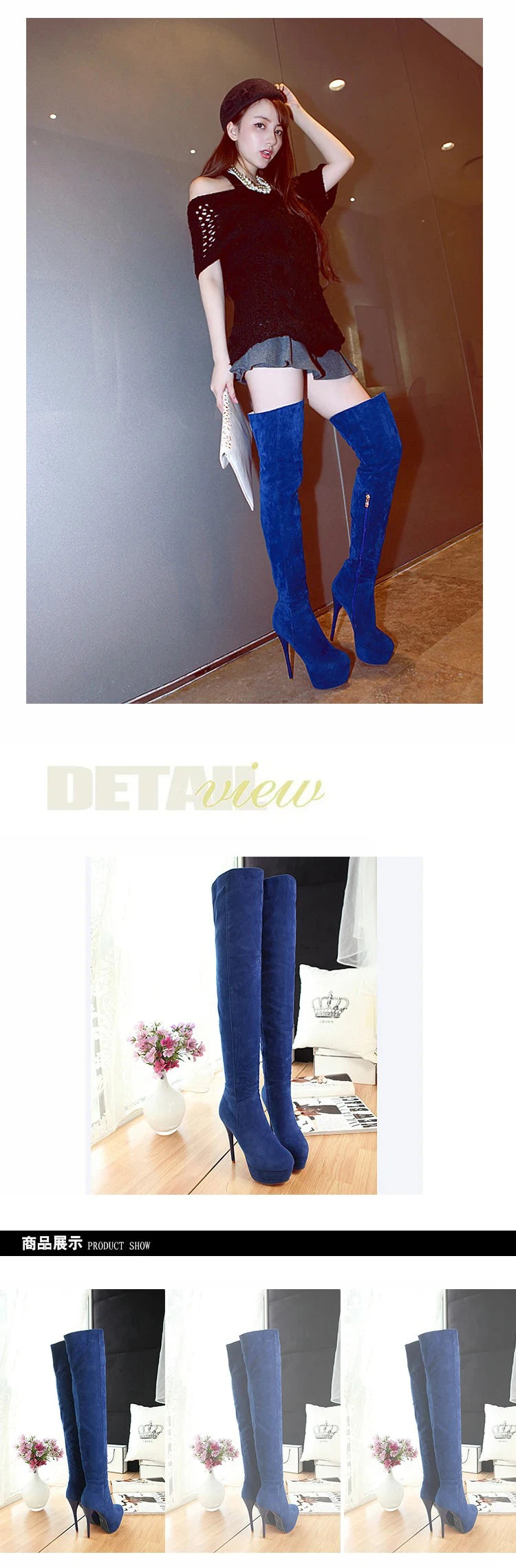 Winter Warm Plush Ultra-High Stiletto Long-Tube Women's Boots High Waterproof Platform Side Zipper Over-The-Knee Boots 2024