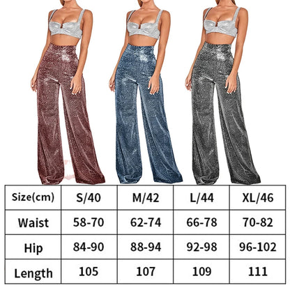 Metallic Sparkly Wide Leg Pants Women Elastic High Waist Glitter Sequin Palazzo Pants Casual Loose Party Clubwear Long Trousers