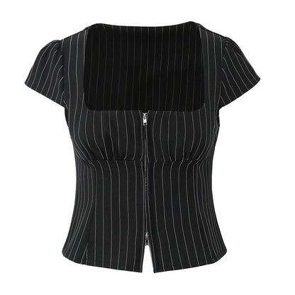 2025 Sexy Striped Square Collar Short Puff Sleeve Shirt Women Front Ruched Chest Double Zip up Front Slim Waist Crop Tops