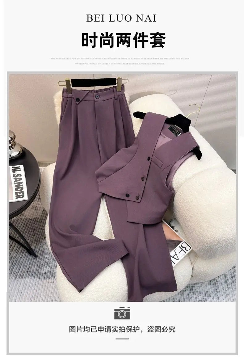 Simple Sleeveless Suit Vest Casual Wide Leg Pants Two-piece Set for Women 2025 New Elegant Suit Set