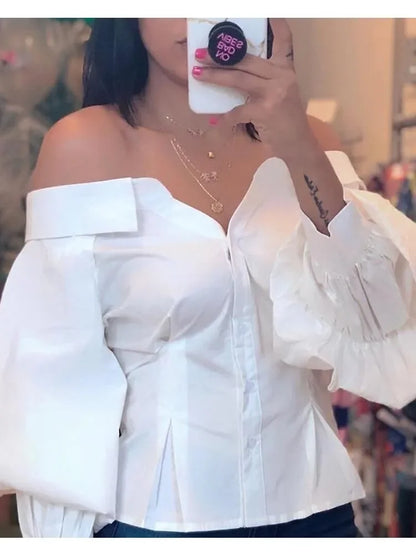 Elegant White Shirts for Women Lantern Sleeve Off Shoulder Top Lady Blosues Long Sleeve Ruched Design Feamel Clothes Spring 2025