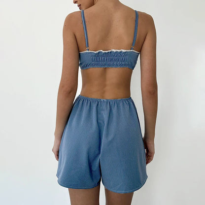 Hiloc 2025 Summer Crop Top Sleepwear With High Waist Shorts 2 Piece Sets Casual Spaghetti Strap Tops Pajamas Home Shorts Suits