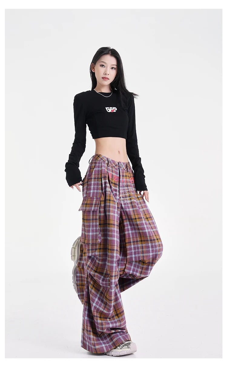 Summer Women Harajuku Fashion Plaid Pants Vintage Y2k Japanese Streetwear 2000s Baggy Pantalones Loose Casual Long Trousers Kpop