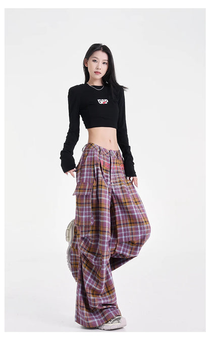 Summer Women Harajuku Fashion Plaid Pants Vintage Y2k Japanese Streetwear 2000s Baggy Pantalones Loose Casual Long Trousers Kpop
