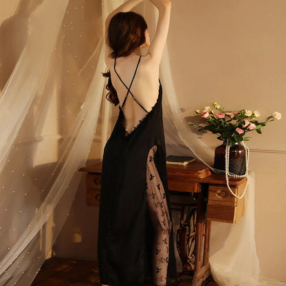 White Fashion Sexy Lounge Lace Nightgown Woman Negligee Women Dress Long Side Mesh Patchwork Extreme Sexy Nightgown Black FG485