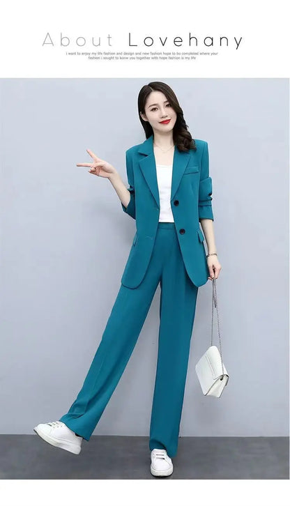 Spring Autumn Thin Women's Blazers Long Pants 2 Piece Set Korean Office Lady Casual Loose Suit Jacket Trousers Outfits Pantsuits