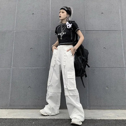 Women Trendy Vintage Casual Streetwear Pocket Cargo Pants Y2K Female High Waist White Hip Hop Loose Trousers Straight Pantalones