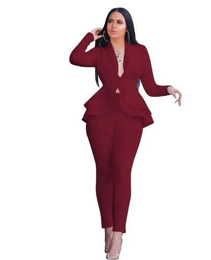 2025 Women's Formal Set 2PCS Tracksuit Full Sleeve Ruffles Blazers Pencil Pants Suit Two Piece Set Office Lady Outfits Uniform