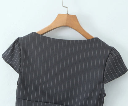 2025 Sexy Striped Square Collar Short Puff Sleeve Shirt Women Front Ruched Chest Double Zip up Front Slim Waist Crop Tops