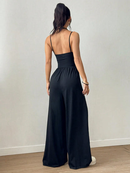 Women's Casual Solid Color Pleating Loose Straight Jumpsuit A-line Backless Halter Neck Slim Cami Jumpsuit Streetwear 2025